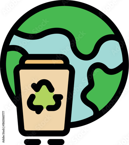 Recycling bin with recycle symbol stands in front of planet earth, symbolizing global environmental sustainability and waste management
