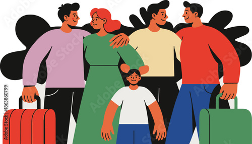 Four adults and one child happily stand together with suitcases ready for a family vacation