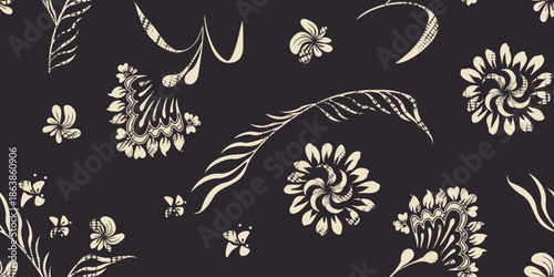 Vintage folk floral and flowing leaves botanical ornament seamless pattern. Ornate hand drawn flower design.