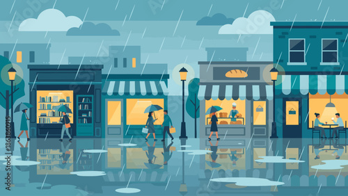 A rainy day in a city with people walking under umbrellas and reflections in puddles.