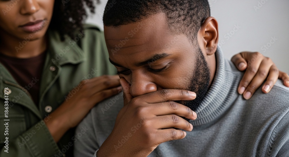 Obraz premium Concerned young man experiencing emotional distress with comforting support from a woman in a close-up indoor setting emphasizing empathy and compassion in difficult times