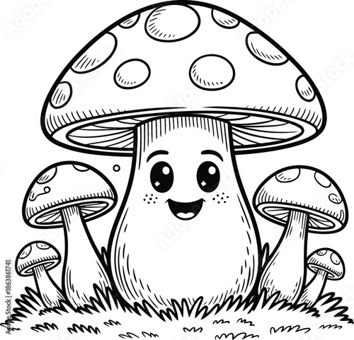 Black and white mushroom silhouette illustration vector set white background