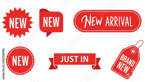 Red new arrival labels and stickers for advertising and branding