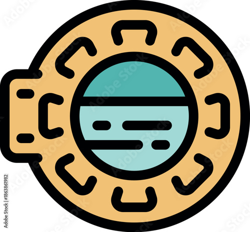 Round bathyscaphe porthole showing water surface with light reflection, travel and exploration concept