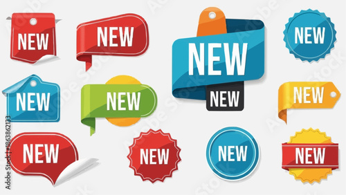Collection of colorful new arrival tags and stickers
