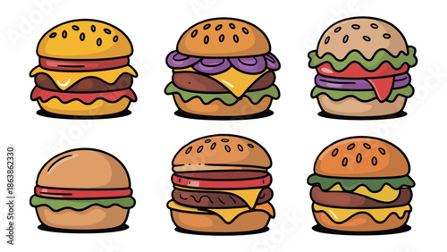 Burger Variety Showcase: A delightful selection of meticulously crafted burgers. Each burger is a masterpiece of flavors. A celebration of culinary art and the joy of gourmet burgers. 