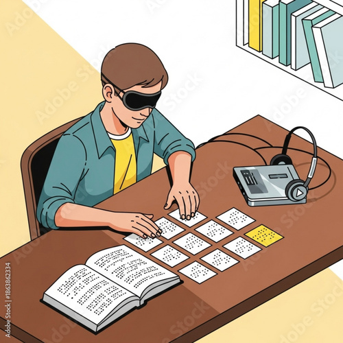 Blind student learning braille with tactile cards and audio device concept of accessibility and education for visually impaired people