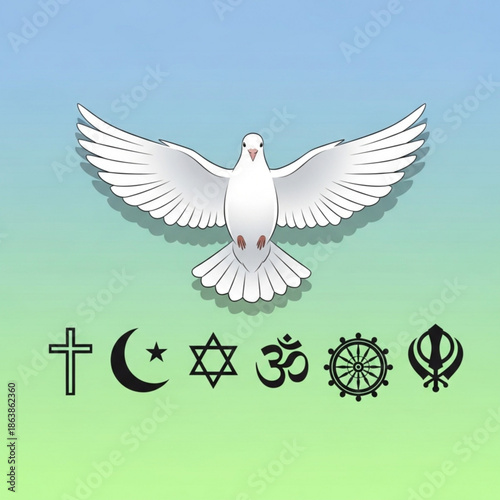 White dove and diverse religious symbols representing peace and unity across faiths isolated on a gradient background