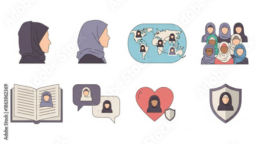Collection of diverse women in hijab icons representing global connection communication and protection flat vector illustrations for web and