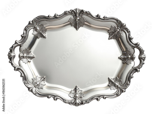A silver tray with a mirror on top, great for decorative purposes or as a prop in still life photography