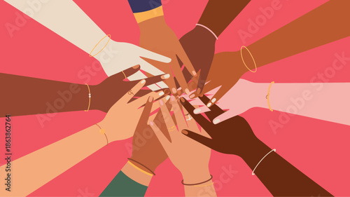 Many diverse hands with various skin tones reaching inwards to form a unified circle