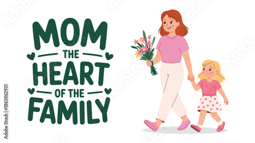 Mother and daughter joyfully walk hand in hand with a floral bouquet, celebrating family love and connection