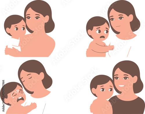 Mothers are tenderly caring for their children, offering hugs and emotional support in diverse situations