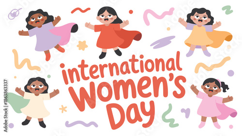 Playful diverse child superheroes flying and posing around INTERNATIONAL WOMENS DAY text with colorful shapes