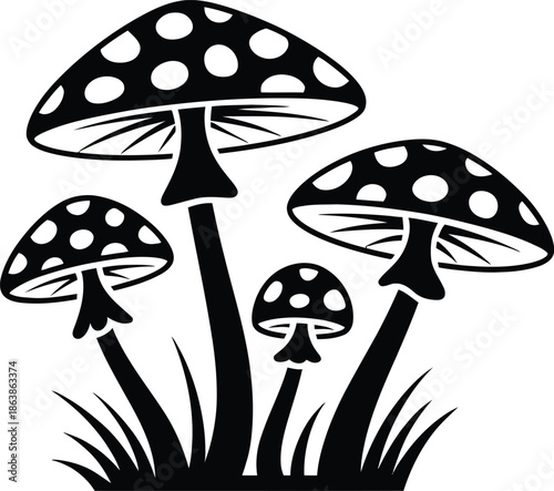 Black and white mushroom silhouette illustration vector set white background