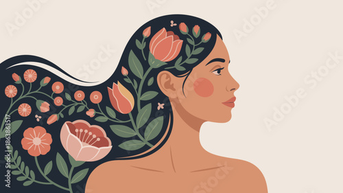 Profile of a serene woman with abundant flowers and lush greenery woven into her dark hair