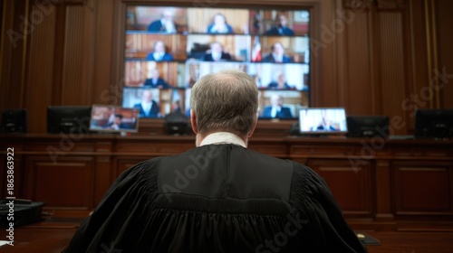 Medium shot of a judge presiding over a virtual courtroom with multiple participants on digital screens showcasing modern legal technology in action.