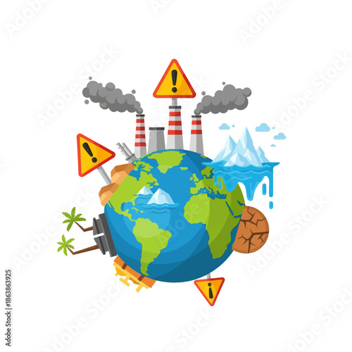Global Warming Danger: Planet Earth with Pollution, Melting Icebergs, Dry Land, and Warning Signs