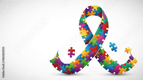 Colorful autism awareness ribbon made of puzzle pieces symbolizing neurodiversity and support isolated on white background