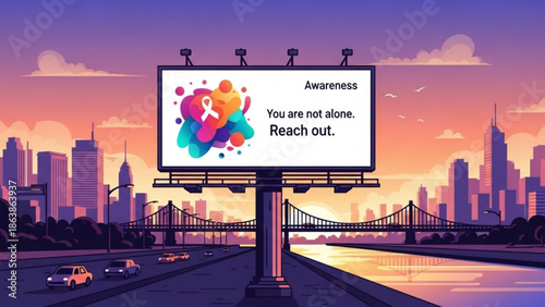 Billboard with awareness ribbon and message You are not alone Reach out set against a city skyline at sunset symbolizing support and communi