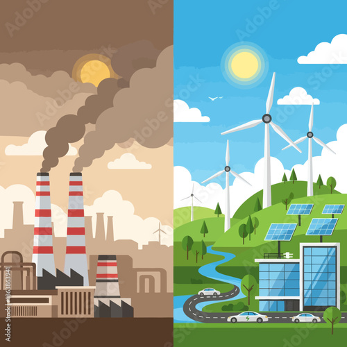 Pollution vs. Green Energy: Industrial Factory vs. Eco-Friendly Landscape