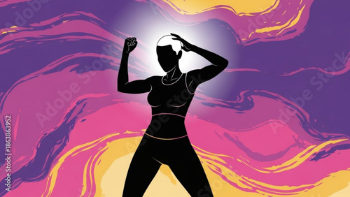 Silhouette of a woman dancing energetically vibrant abstract background concept of fitness and self-expression