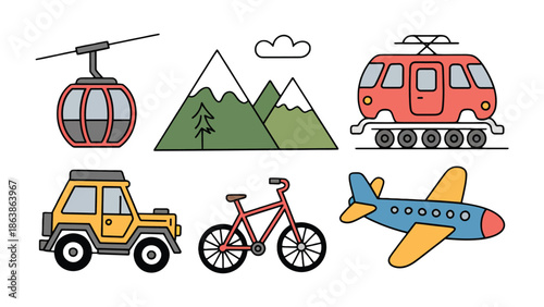 Transportation and Travel Illustration Set: A curated collection of vibrant line illustrations showcasing diverse modes of transport for exploration and travel.