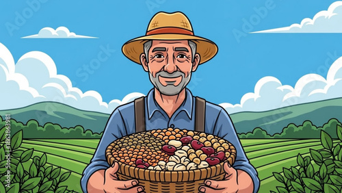Smiling farmer holding basket of assorted legumes representing organic agriculture and healthy food set against a rural landscape