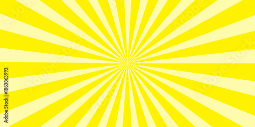 Bright yellow sunburst design with orange rays and warm golden sunlight beams shining across a summer sky for a hot and sunny vector illustration