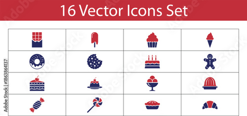 Collection of sweet treats and desserts icons. Various sweets like croissants, ice cream, cakes, 
cookies, and candies vector illustration