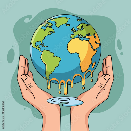 Melting Earth Planet Held by Hands, Global Warming Concept Illustration