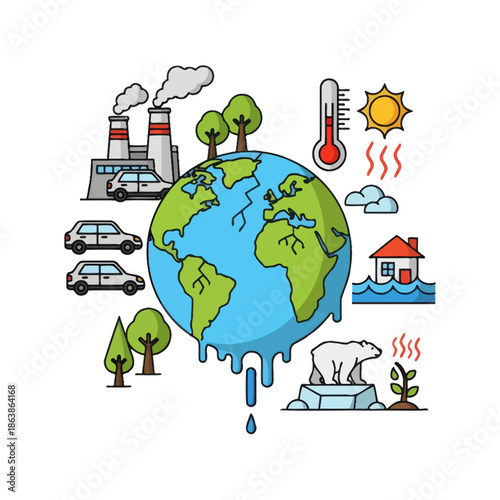 Earth Melting Globe with Climate Change Icons: Pollution, Floods, Heat, Deforestation