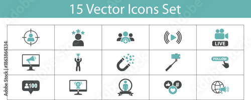 Set of social media icons. Social media marketing icons set for online engagement and content creation. 
A set of social media icons representing various online activities