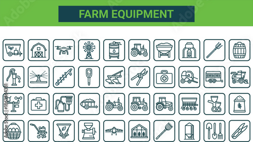 Large Agriculture and Farming Line Icon Set Featuring Tractor Barn Greenhouse Drone Tools And Smart Garden Equipment Vector Illustration For Agrotech Design