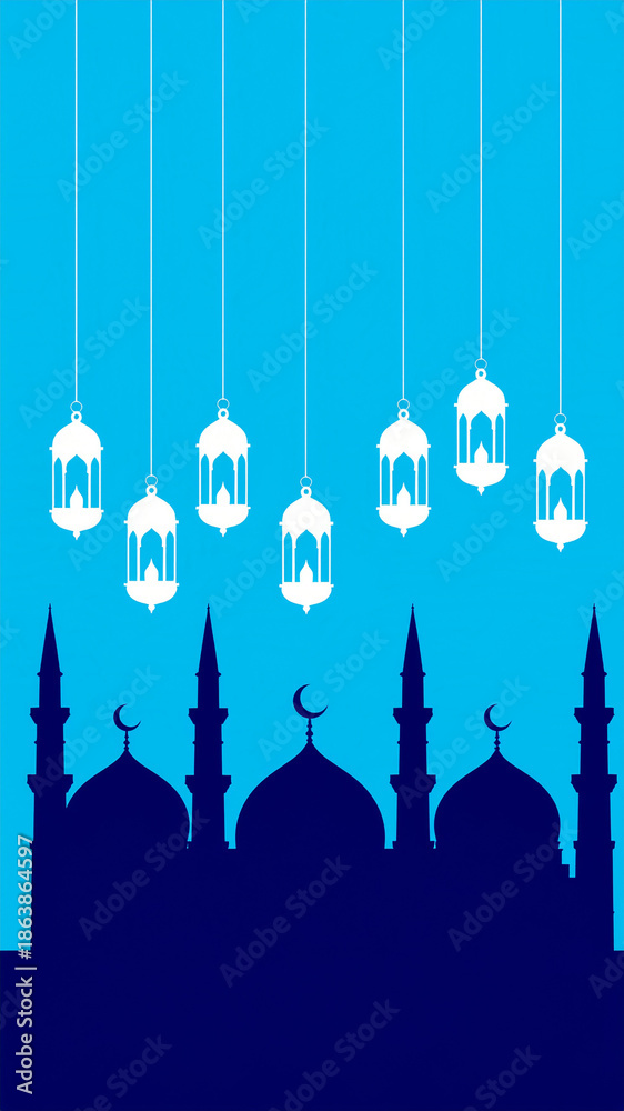 Fototapeta premium Blue Islamic Background with Hanging Lanterns and Mosque Silhouettes