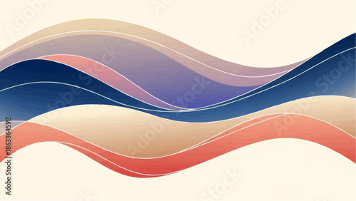 Vibrant wavy lines in blue, purple, and orange hues on cream background