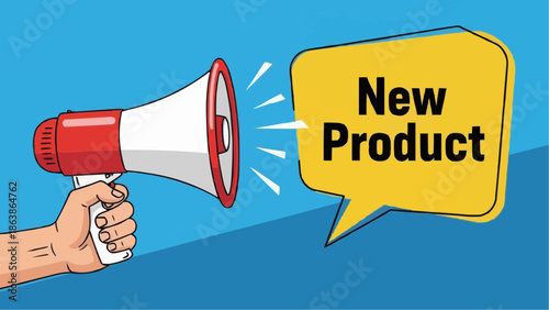 Hand holding megaphone announcing new product launch loudly