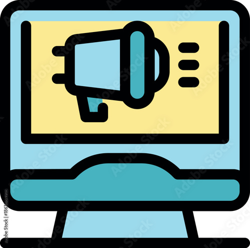 Promoting business online using computer and megaphone, advertising campaign, digital marketing strategy
