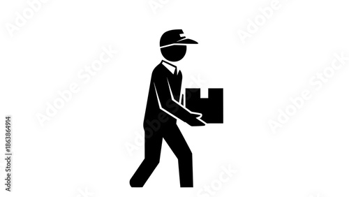 Delivery man carrying a cardboard box icon, courier service silhouette vector illustration.
