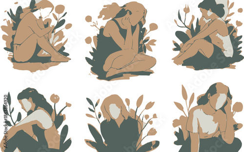 Six illustrations of women sitting calmly surrounded by natural plants and foliage