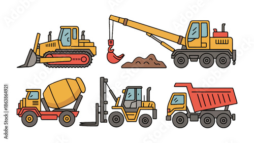 Construction Equipment Array: An array of diverse construction vehicles and machinery. This scene presents essential construction equipment, perfect for illustrating projects. 