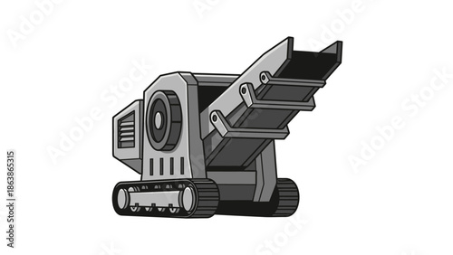 Mobile stone crusher machine icon, industrial rock crushing equipment vector illustration.