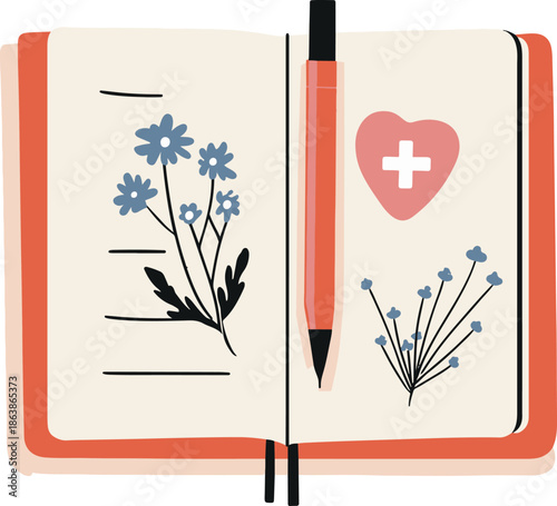 Open diary with pencil and floral drawings for journaling and nature appreciation