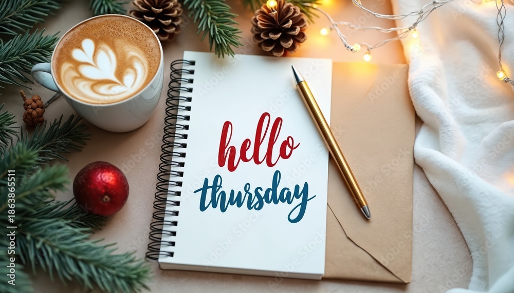 Fototapeta premium Notebook with hello thursday text. Coffee cup latte art, pine cones, green fir branches, red bauble. Cozy winter morning still life, seasonal holiday decor, fairy lights.