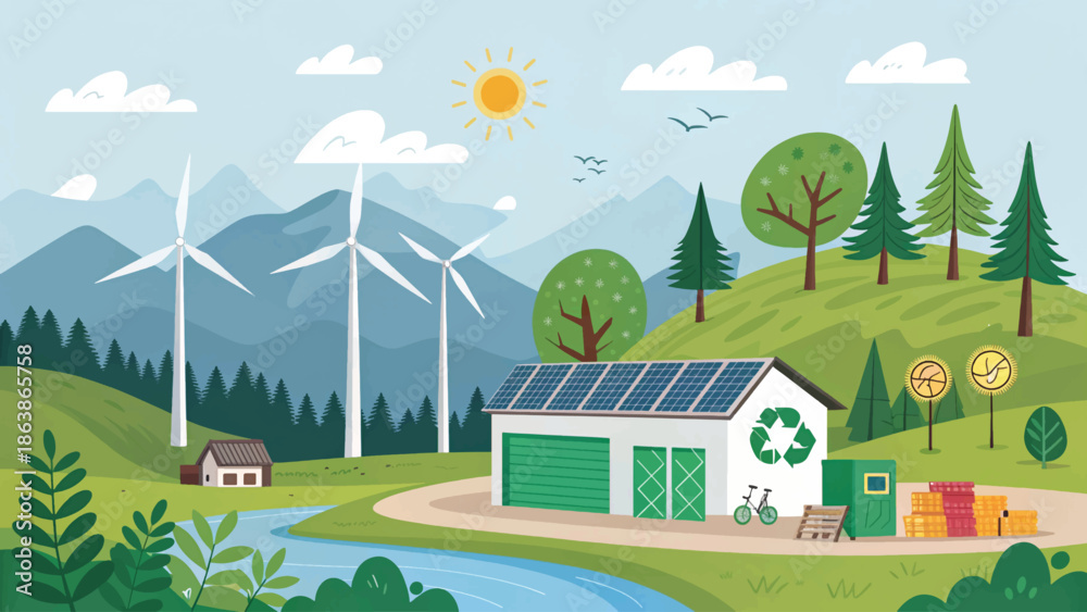 Naklejka premium Sustainable Energy Landscape with Wind Turbines and Solar Panels