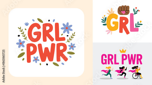 Stylized GRL text features an empowering brown fist clutching a pink heart amidst green leaves