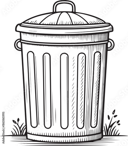 Compost bin or trash can Hand-drawn Sketch Drawing Vector Illustration, Line Linear Symbol Engraving Coloring Book, Black and White Isolated