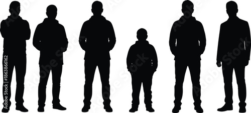  Black silhouettes of diverse men standing in a row on white background, group of male figures including adult men and a child, isolated vector.