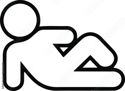 Reclining person icon resting position symbol, Minimal black outline icon of a reclining person representing rest, relaxation, sleep, or recovery, isolated on a white background.

