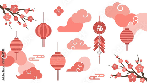 Flat lay illustration of red Chinese New Year decorations with lanterns, clouds, and cherry blossoms on a white background, celebrating Lunar New Year.